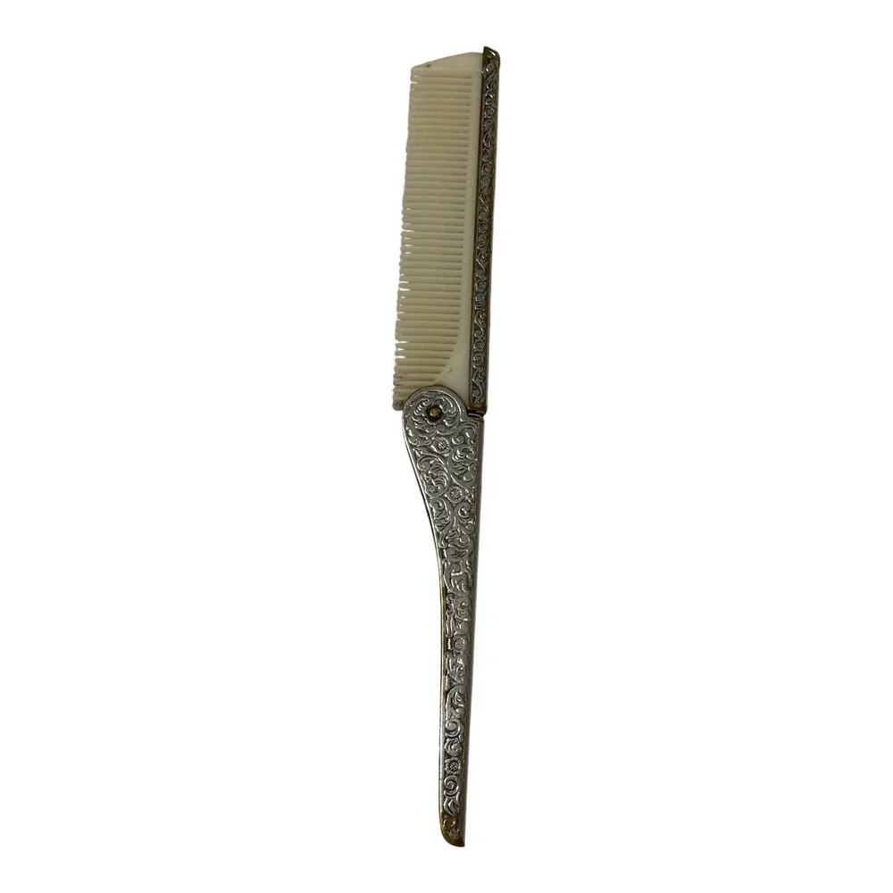 Vintage Silver Tone Mini Hand Mirror Folding Comb Set Floral Engraved Vanity